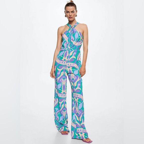 Mango Fluid Printed Halter Neck Jumpsuit L - Picture 1 of 16